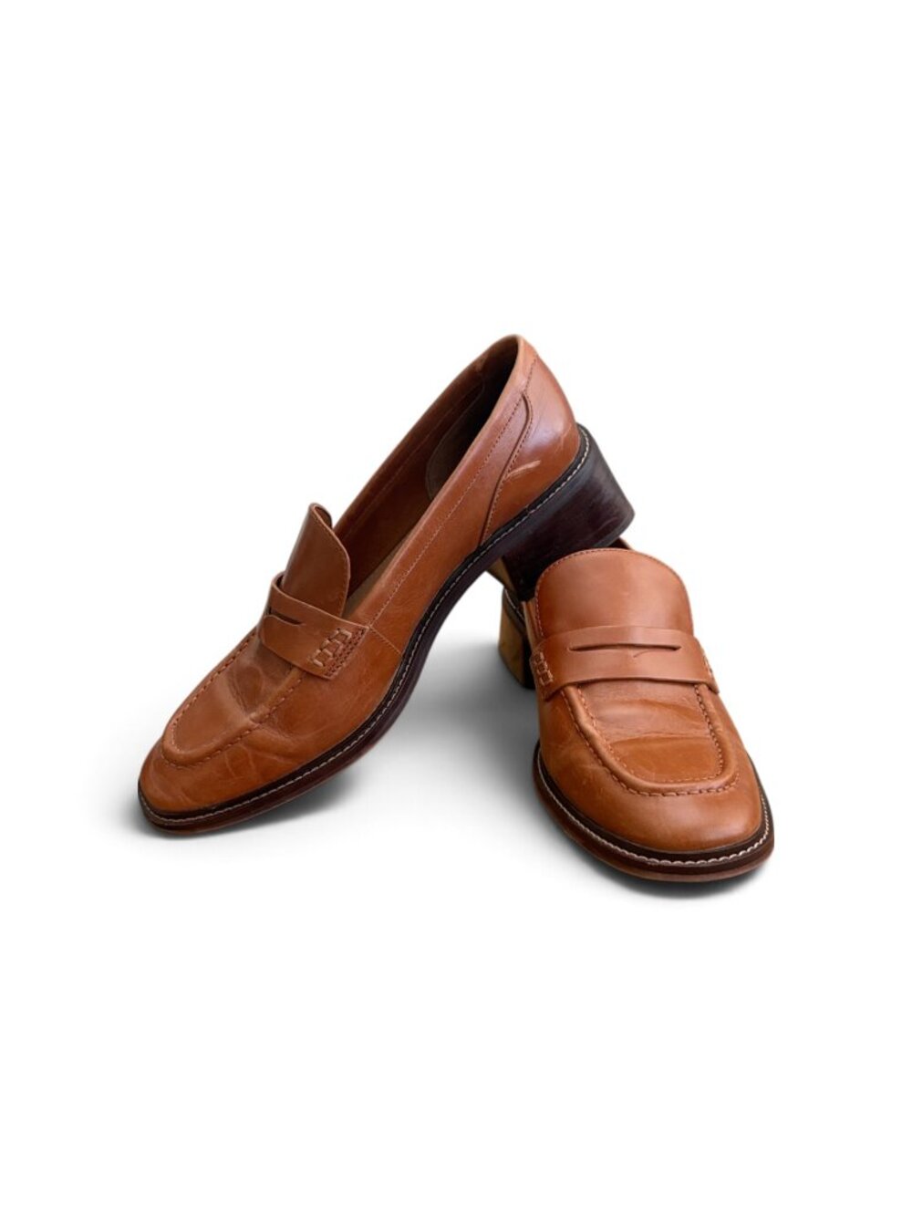 Franco Sarto Brown Leather Chunky Heeled Penny Loafers - Size 39 - US 8